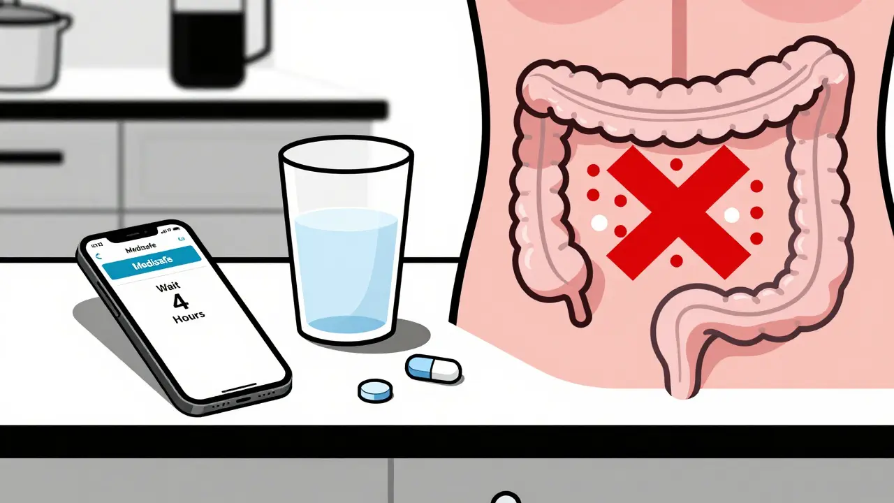 Smartphone showing a medication wait alert next to thyroid pill and calcium supplement on a kitchen counter.
