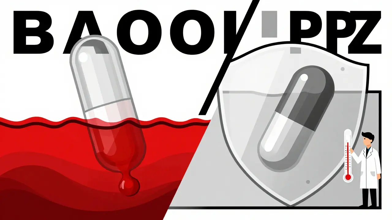 Split scene: itraconazole dissolving in acid vs. inert in neutral liquid, with pH indicator.
