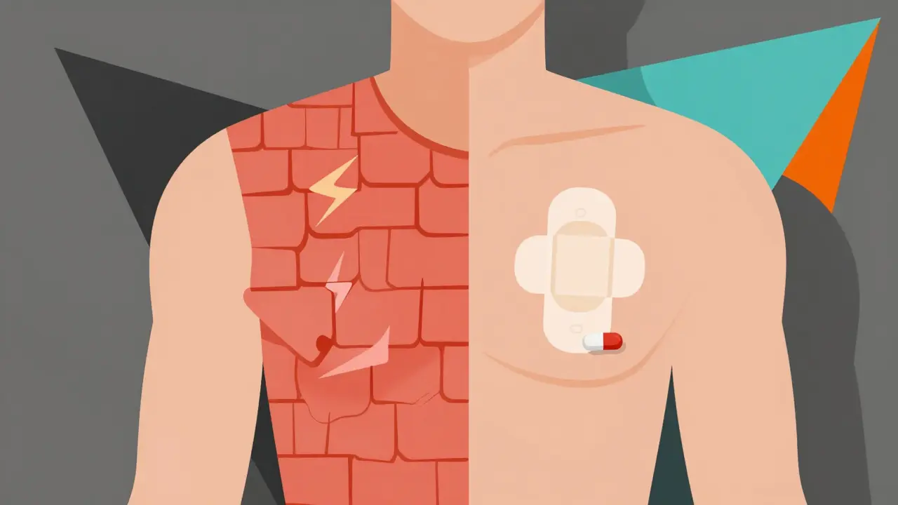 Split torso showing shingles pain on one side and treatment on the other, rendered in Bauhaus design.