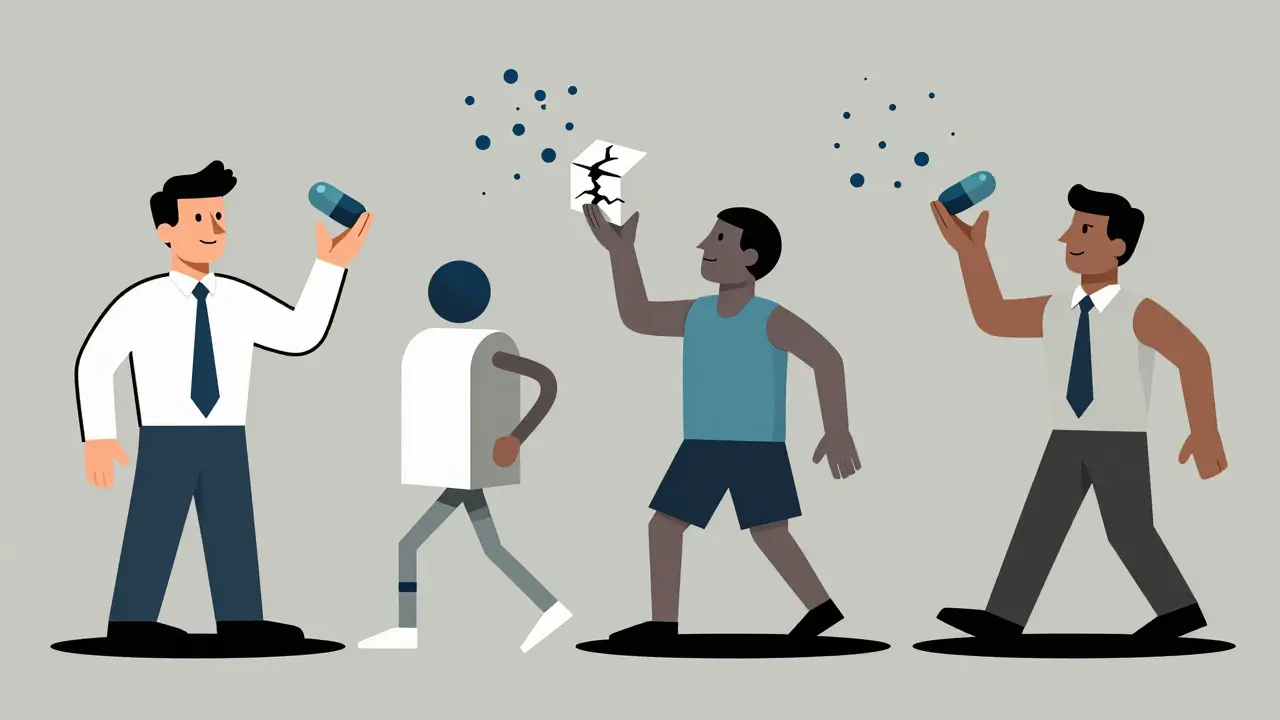 Supply chain figures holding pills, one spilling toxic particles in angular Bauhaus design.