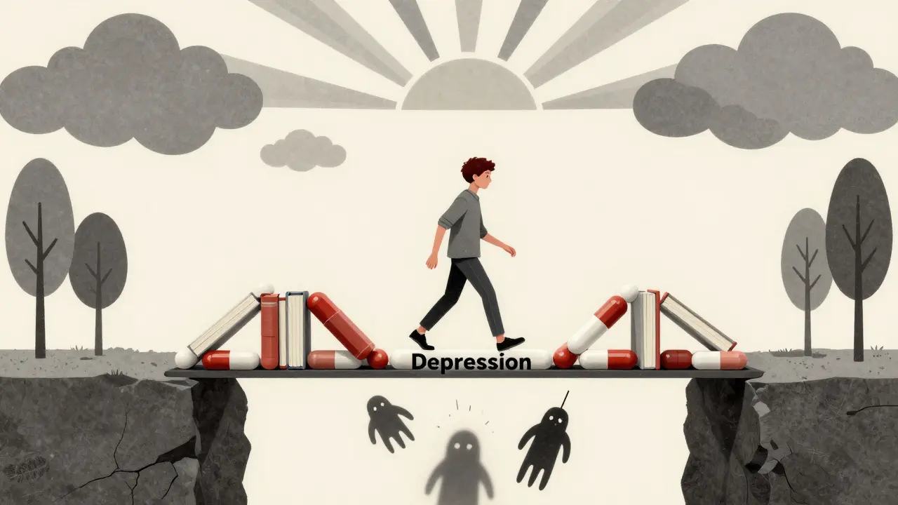 Teen walks across bridge of medication and therapy over depression chasm, geometric sunburst above symbolizing hope.