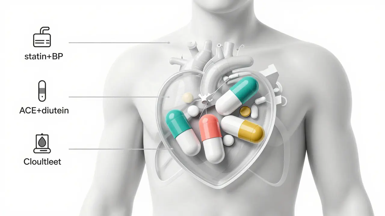 Transparent torso with three combination heart pills merging inside a heart shape