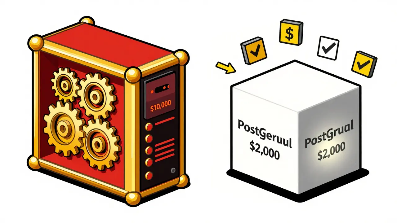 Two software servers side by side: ornate expensive one vs. simple affordable one, in Bauhaus design.
