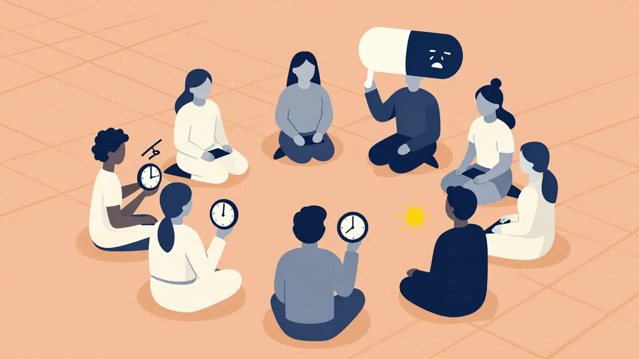 A circle of abstract figures supporting one another, with a pill bottle casting a shadow of a crying face.