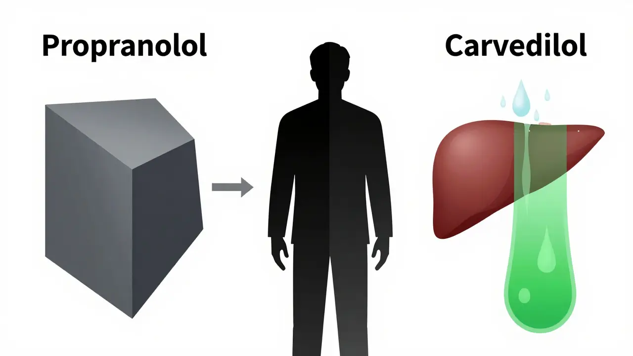 A comparison of propranolol and carvedilol in Bauhaus geometry, showing how carvedilol allows glucose release while others block it.