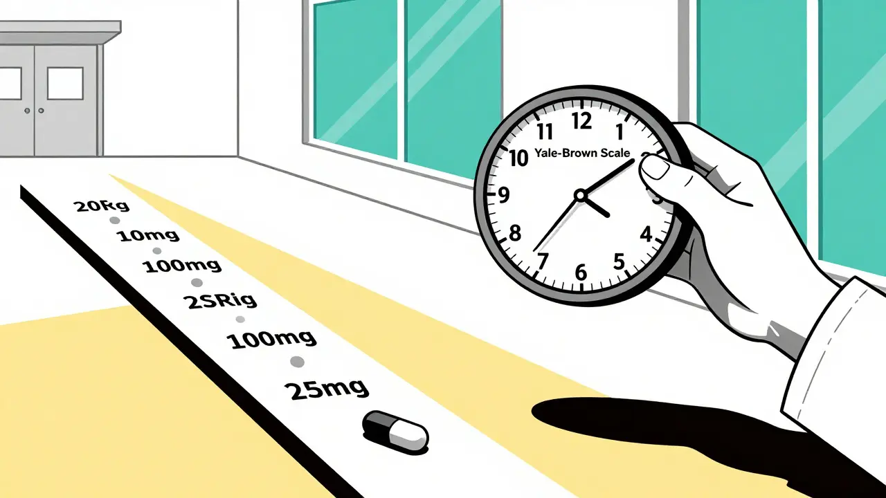 A doctor placing a clock on a scale with two paths of medication doses shown in minimalist Bauhaus design.
