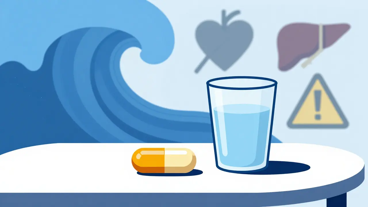 A ginger capsule beside water, with abstract relief waves and warning symbols in the background.