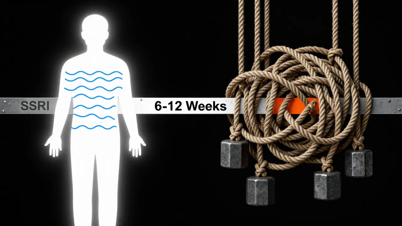 A human silhouette split between calm serotonin pathways and heavy side effect ropes in stark Bauhaus aesthetic.