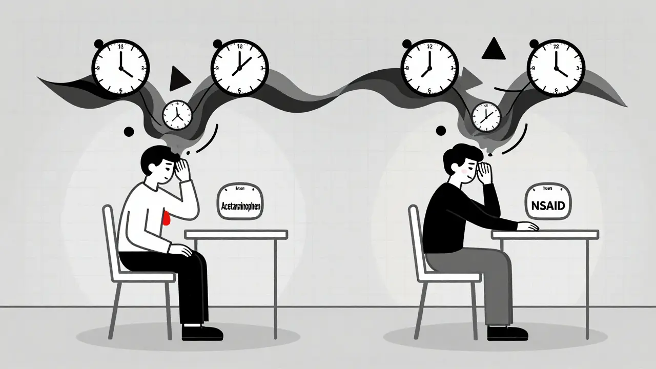 A person alternating between two pain relief options with timed intervals and abstract pain waves.