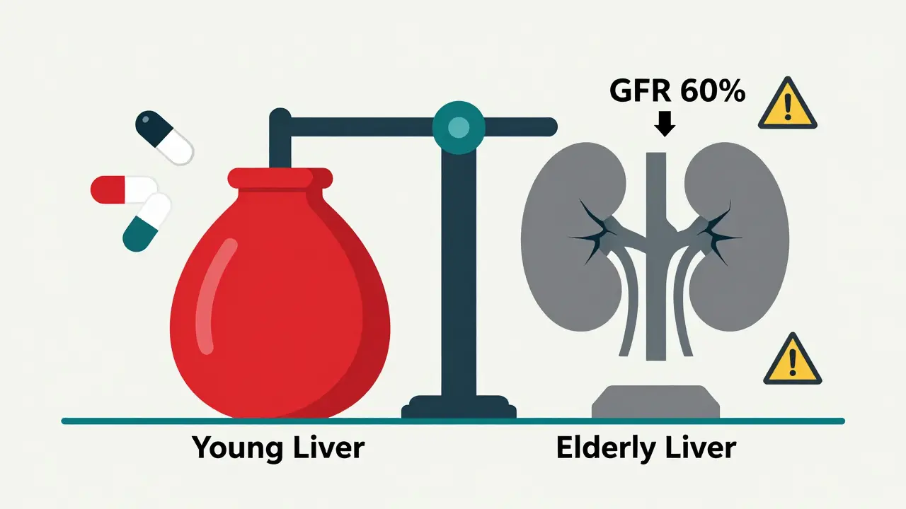 Aging organ comparison with shrinking liver, cracked kidney filter, and warning pills in clean Bauhaus lines.