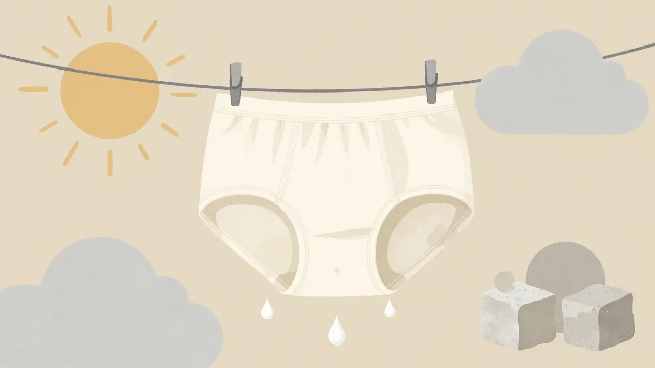 Cotton underwear hanging to dry, symbolizing breathability and hygiene in minimalist Bauhaus design.