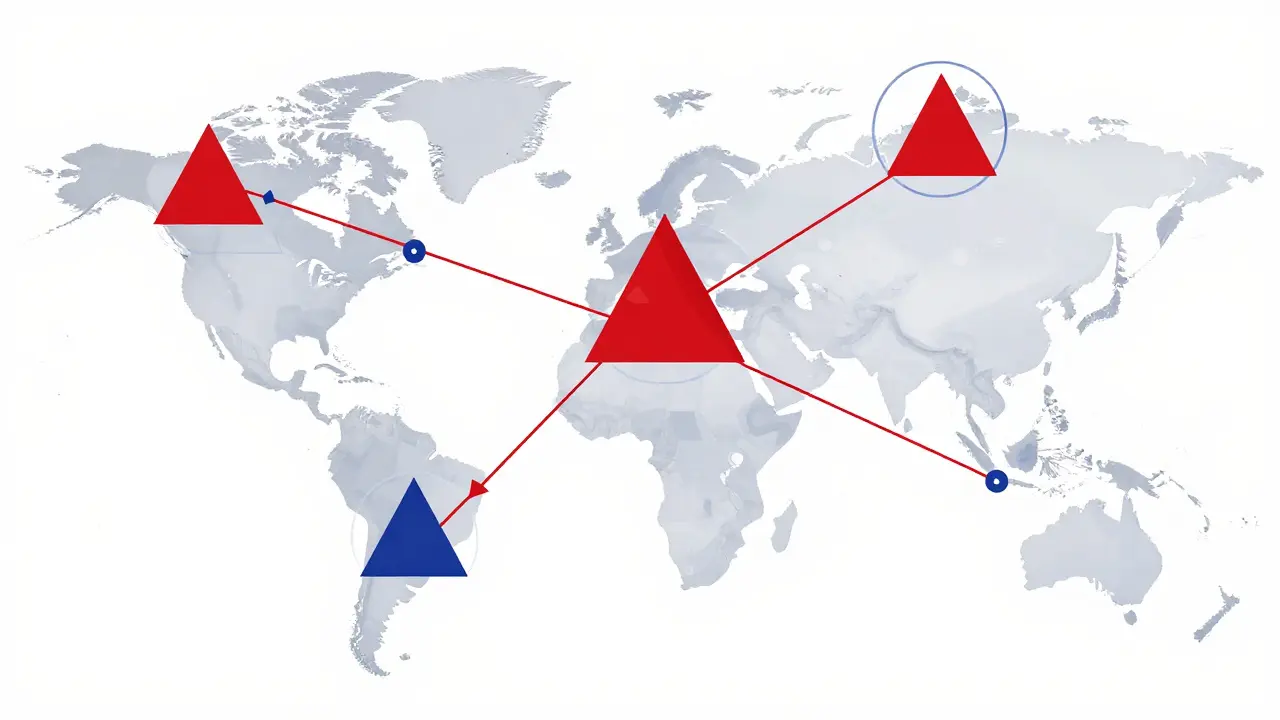Interconnected geometric shapes showing global adverse event monitoring network
