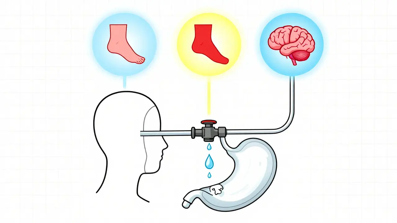 Medical diagram showing brain-to-abdomen shunt tube with icons for gait, cognition, and bladder control.