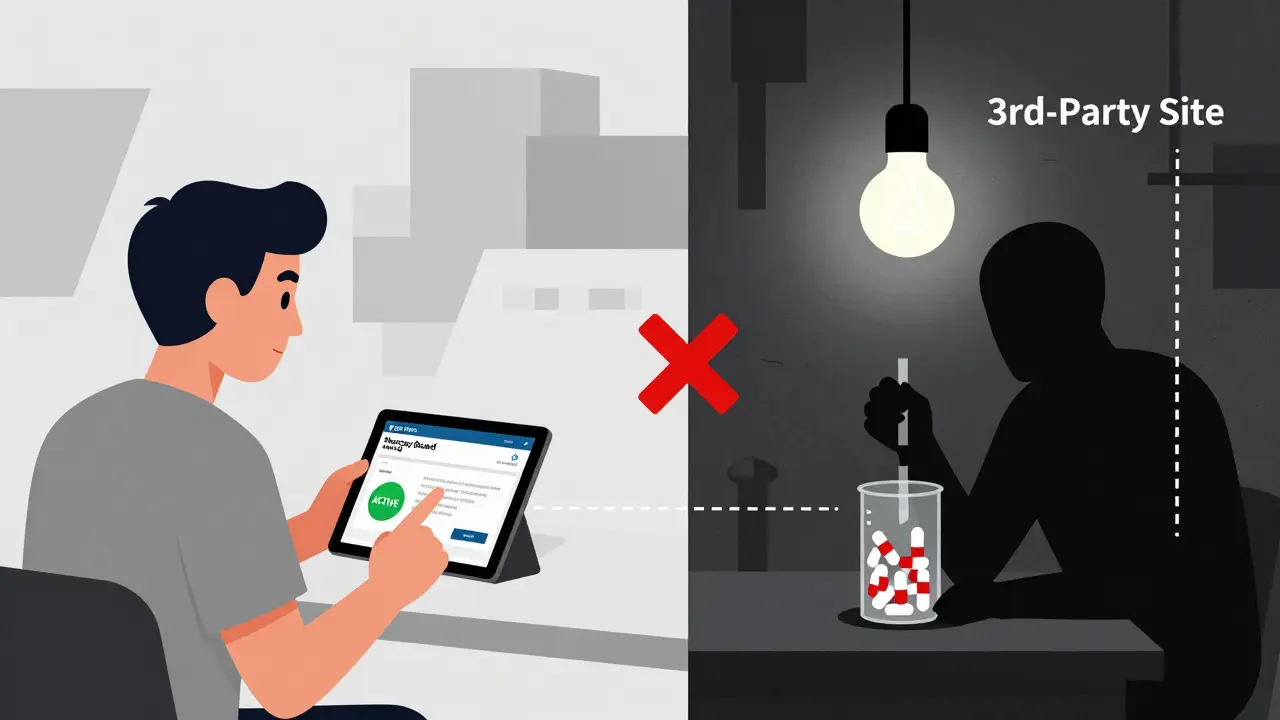 Patient verifying license online vs. counterfeit drug production in a basement