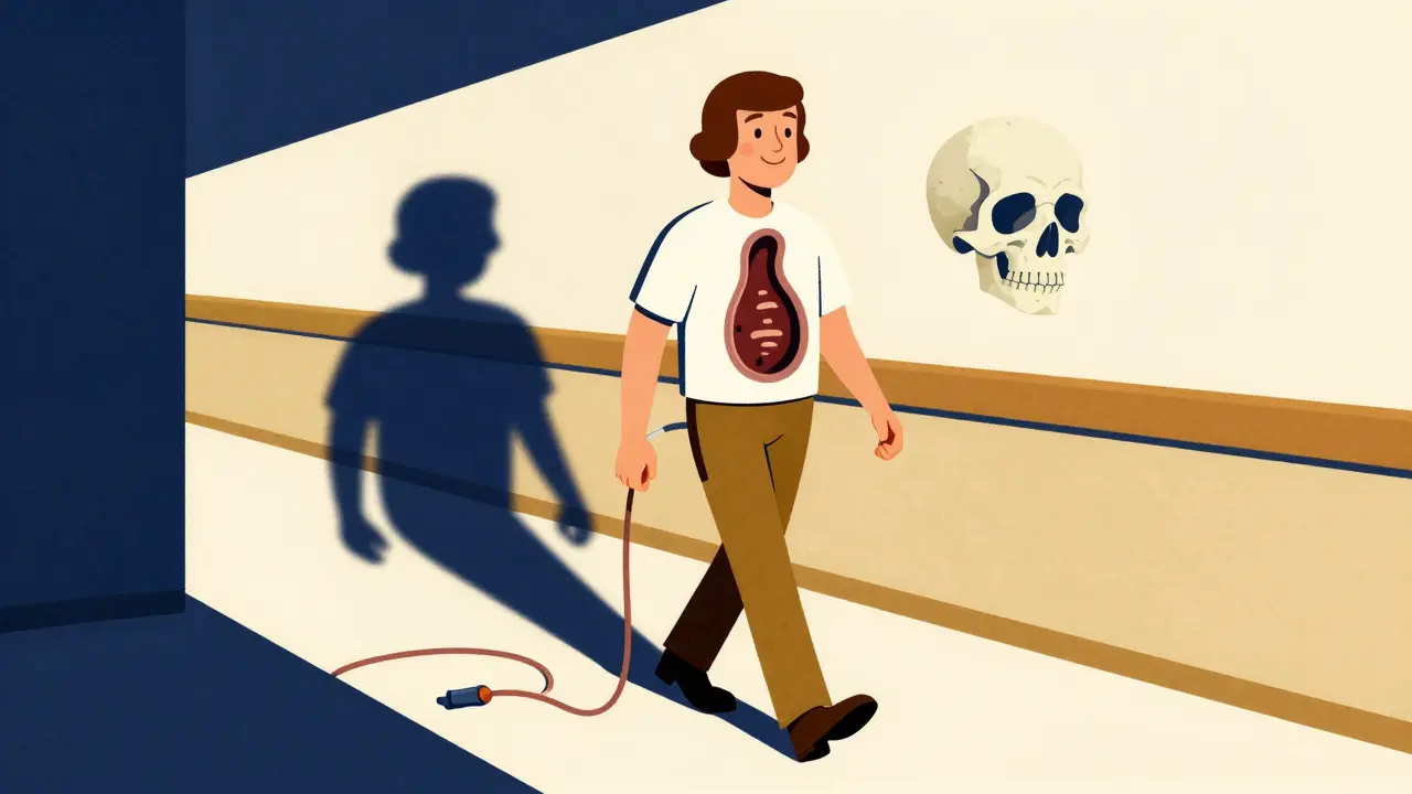 Patient walking confidently with shrinking ventricle shadow, discarded shunt on floor behind him.