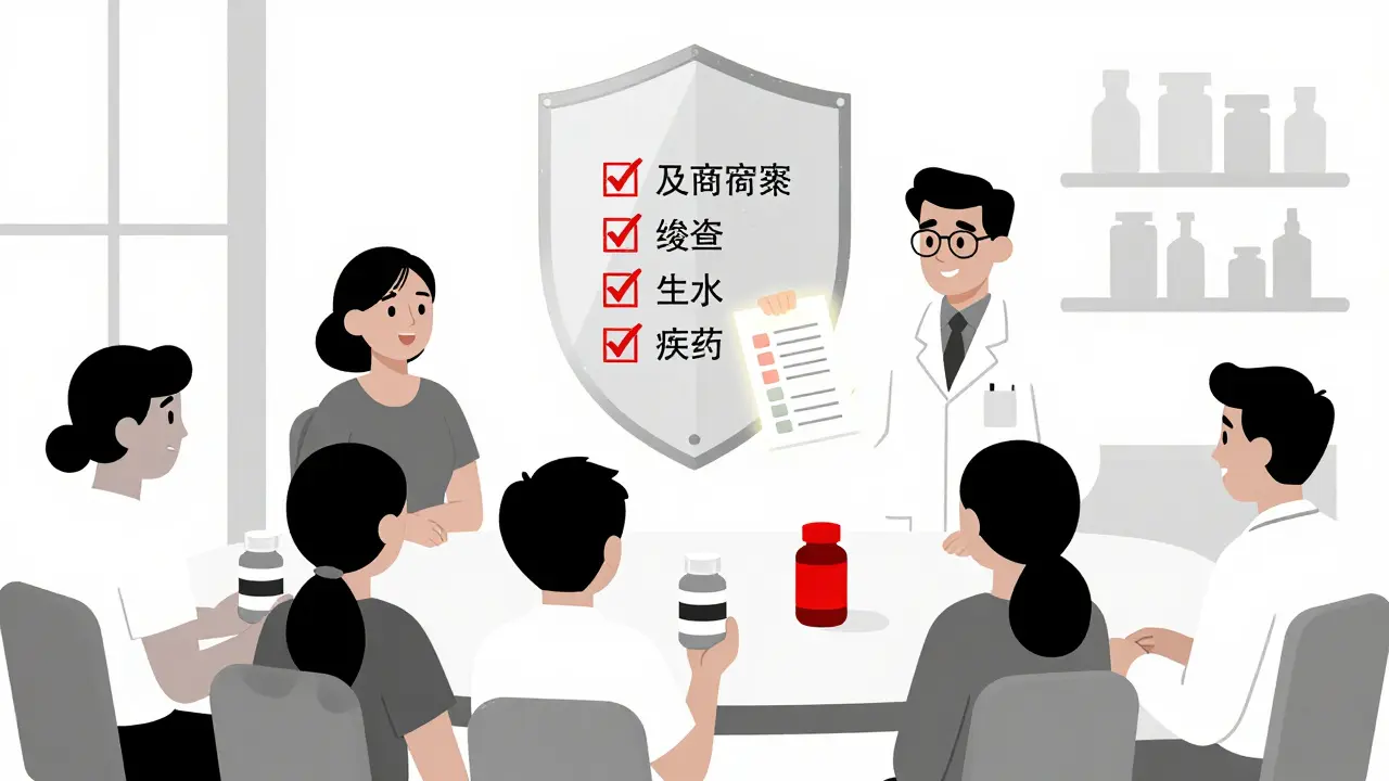 Patients handing supplements to a pharmacist who blocks dangerous herbs with a protective shield.