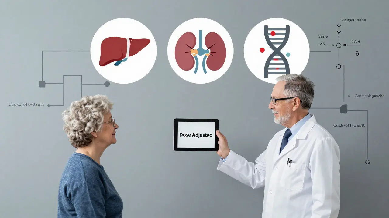 Pharmacist adjusting dose for elderly patient with abstract icons of liver, kidney, and DNA changes.