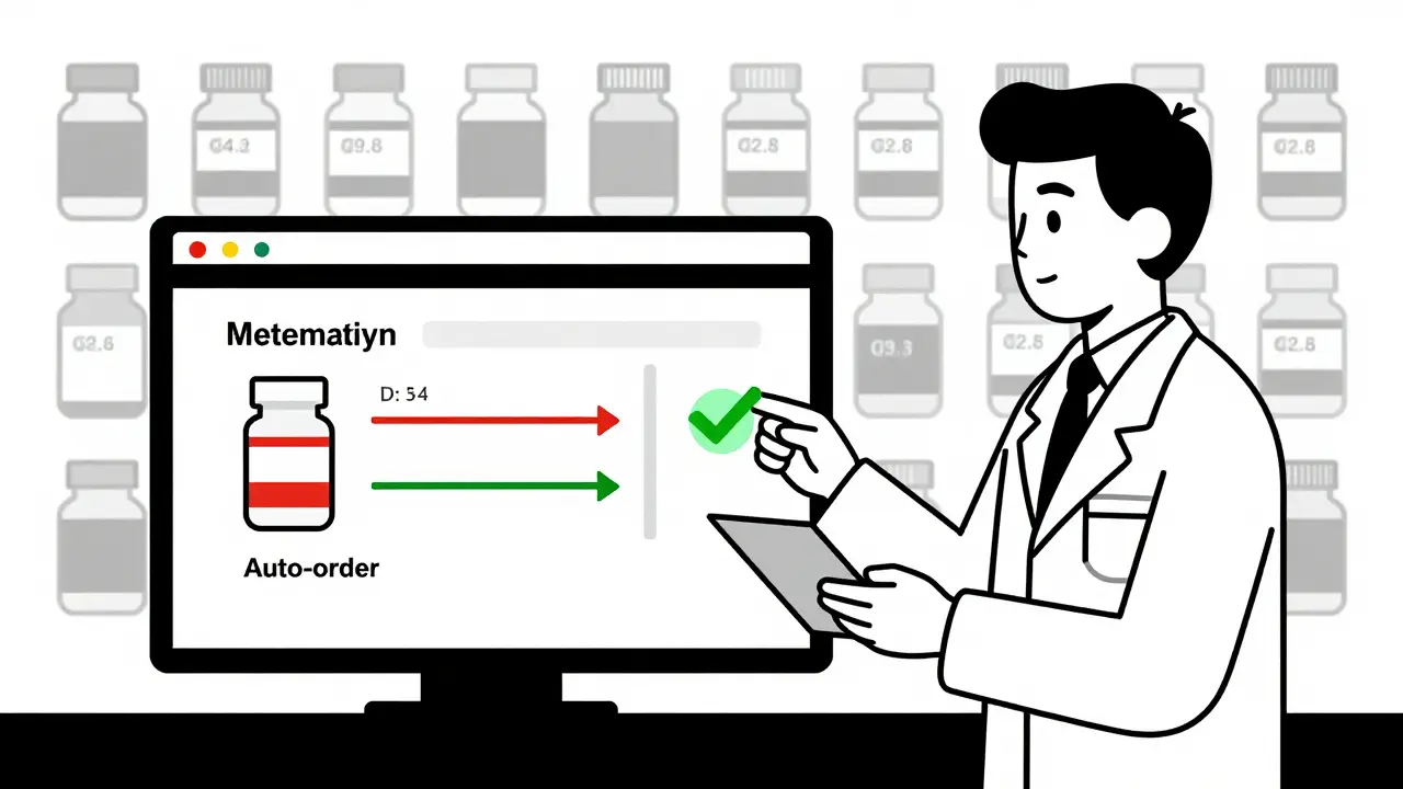 Pharmacist using a digital inventory dashboard with animated stock alerts and geometric data panels.