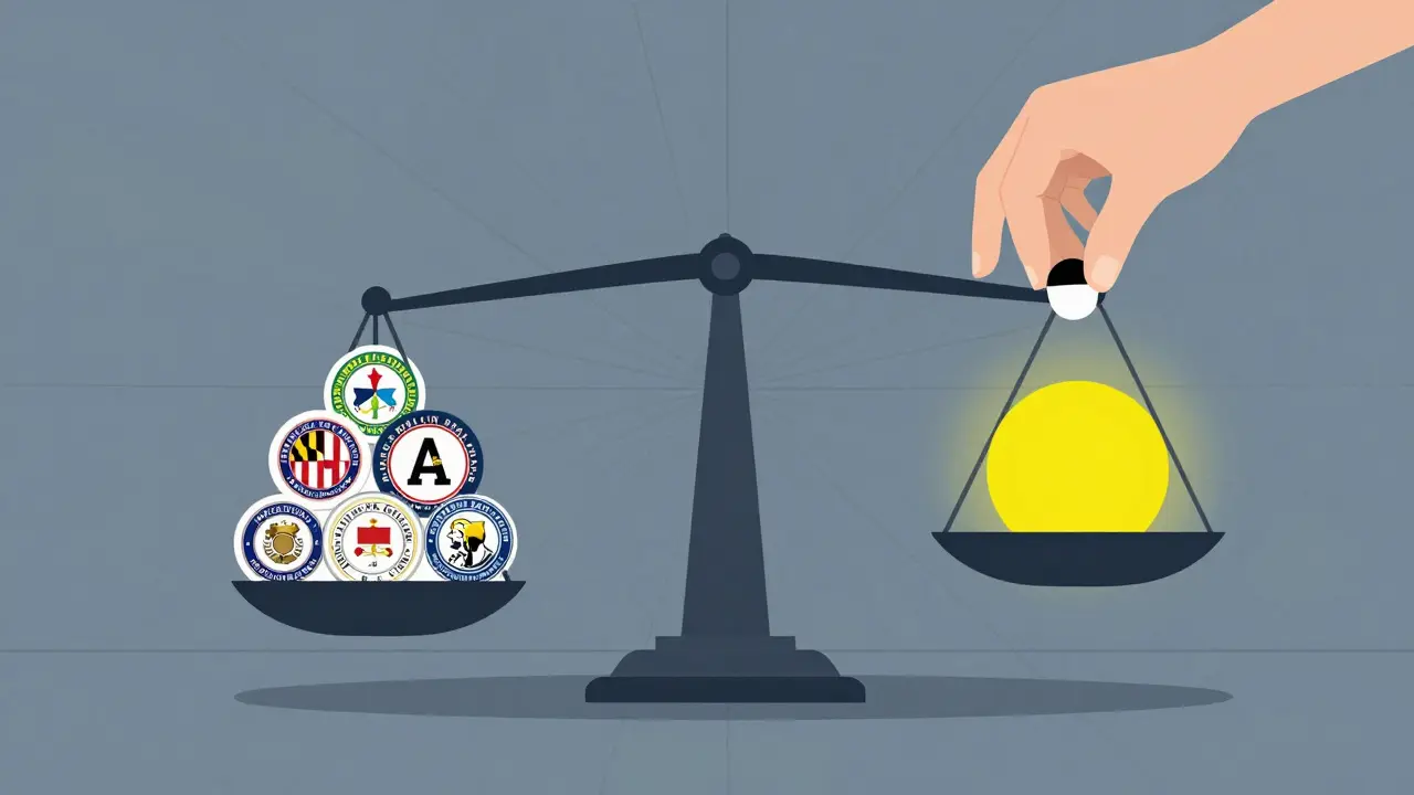 Scale balancing a pill against state pharmacy board logos in geometric style