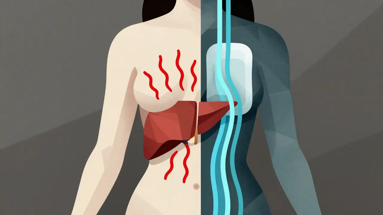 Split-body illustration showing oral pills risking liver vs. patch delivering safe hormone flow.