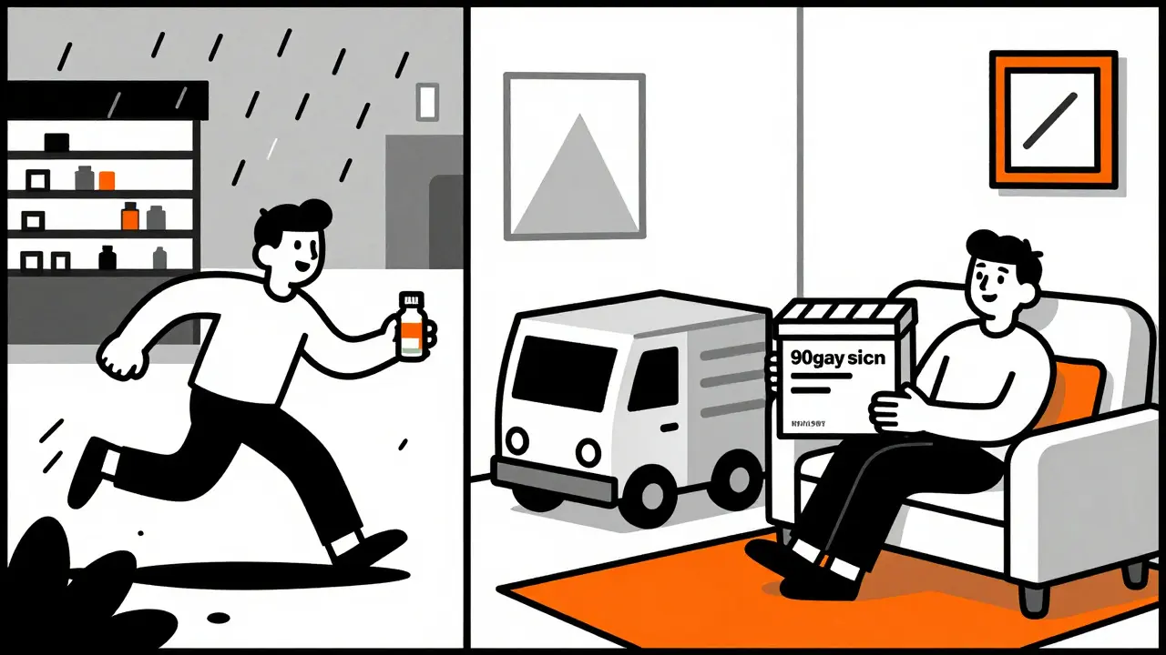 Split scene: one side shows someone rushing to a pharmacy in rain, the other shows calm receipt of mail-order 90-day medication.