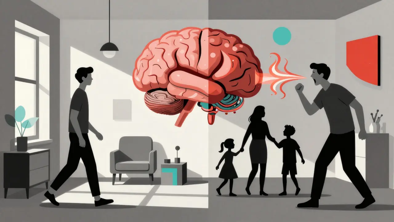 Split scene showing calm and chaotic versions of a person, with an abstract brain displaying cortisol waves.