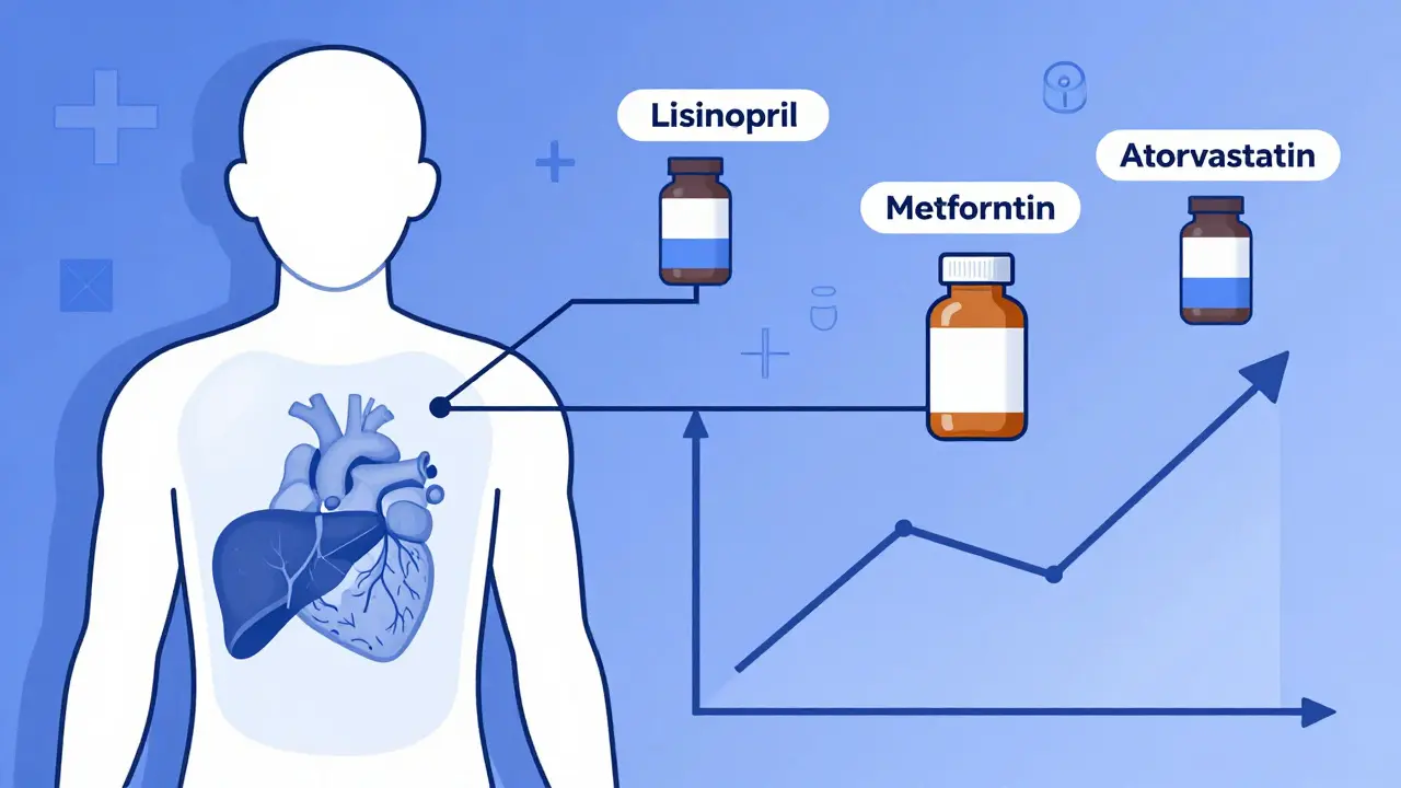 Transparent human body with three chronic condition pills connected to organs, floating above an adherence trend graph.