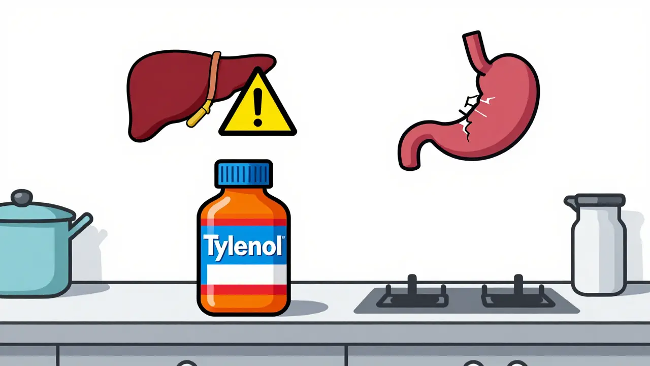 Two medicine bottles with geometric icons representing liver and stomach risks in minimalist style.