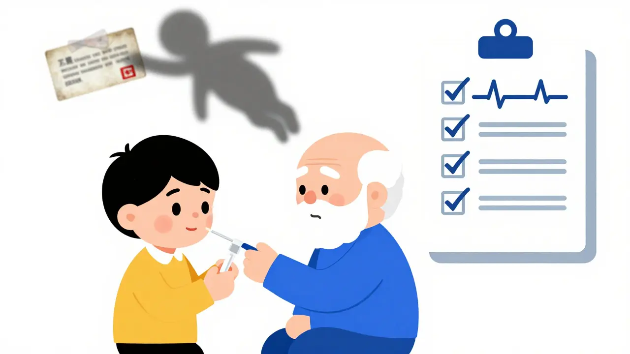 A child and elderly patient receiving penicillin as an outdated allergy label fades away, in Bauhaus style.