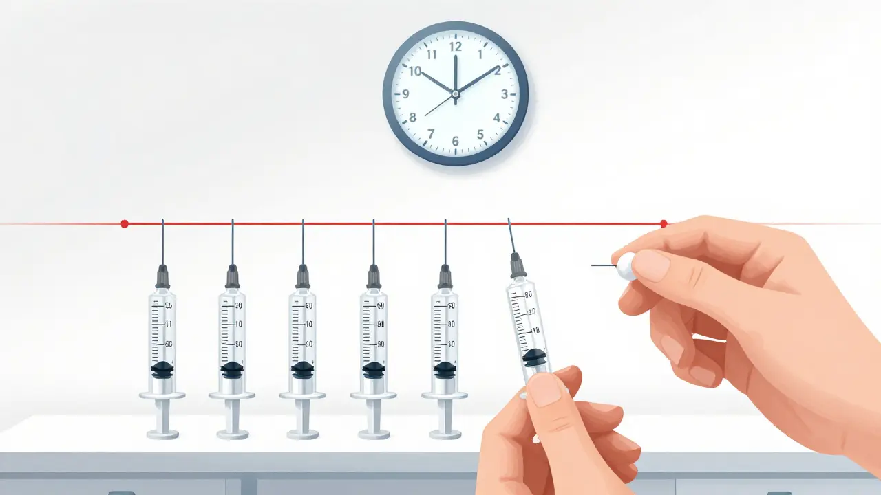 A clinical desensitization process with geometric syringes and precise dosage labels in Bauhaus style.