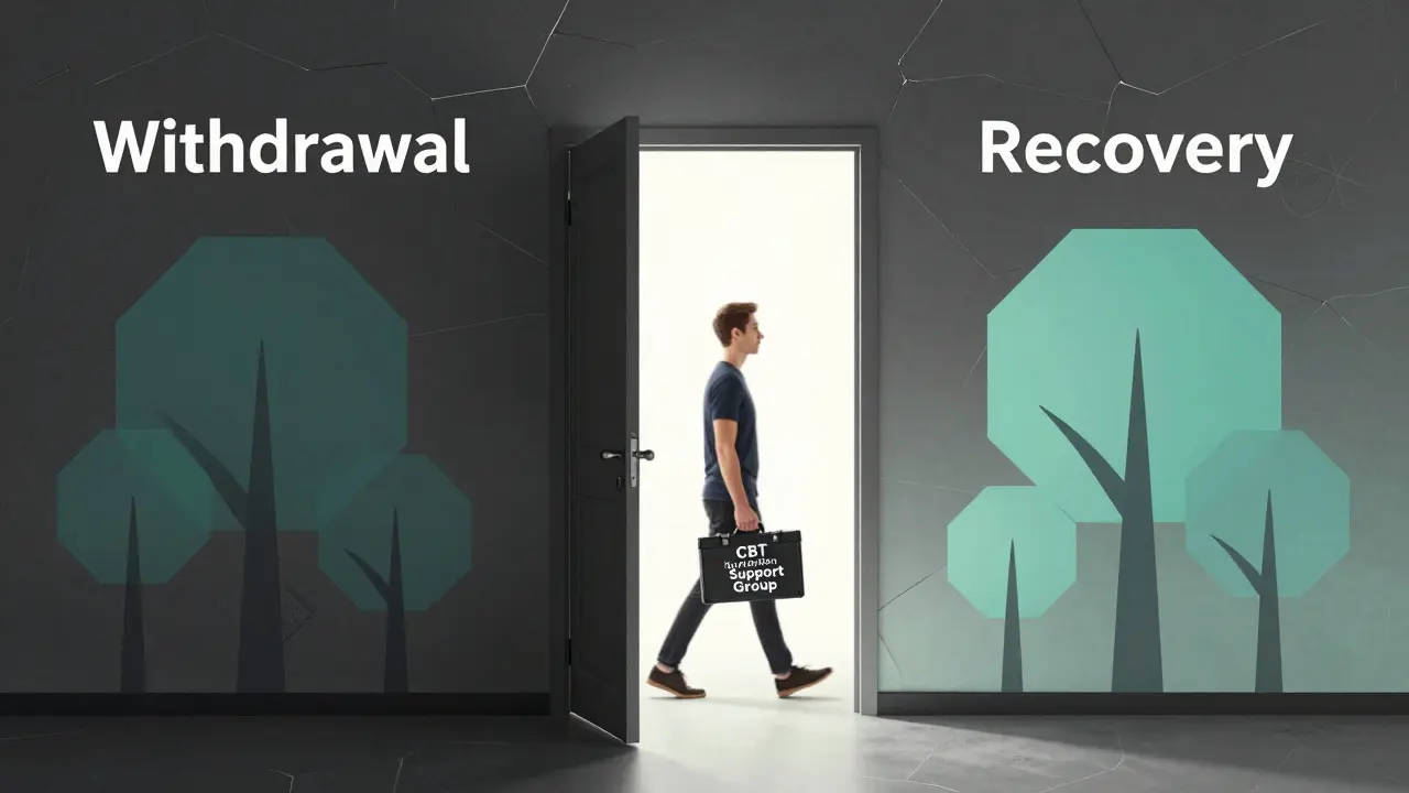 A figure walking from a dark withdrawal room into a bright recovery space with geometric symbols of therapy and support.