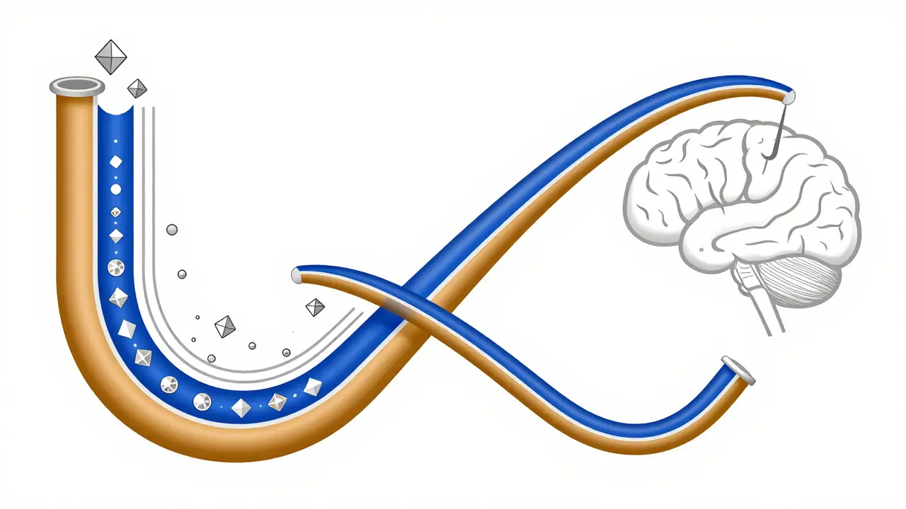 Abstract design of inner ear canals with floating crystal shapes.