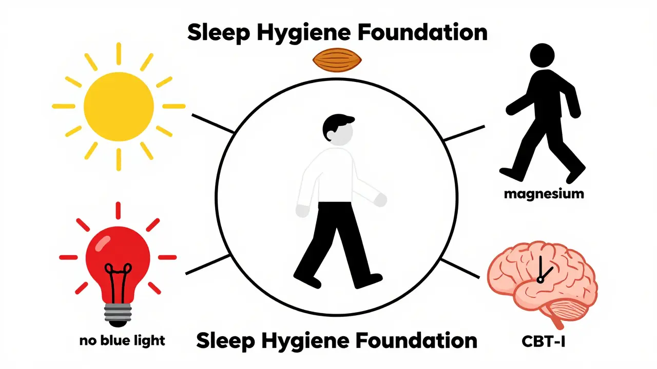 Central human figure surrounded by six geometric shapes representing key sleep hygiene practices in Bauhaus design.