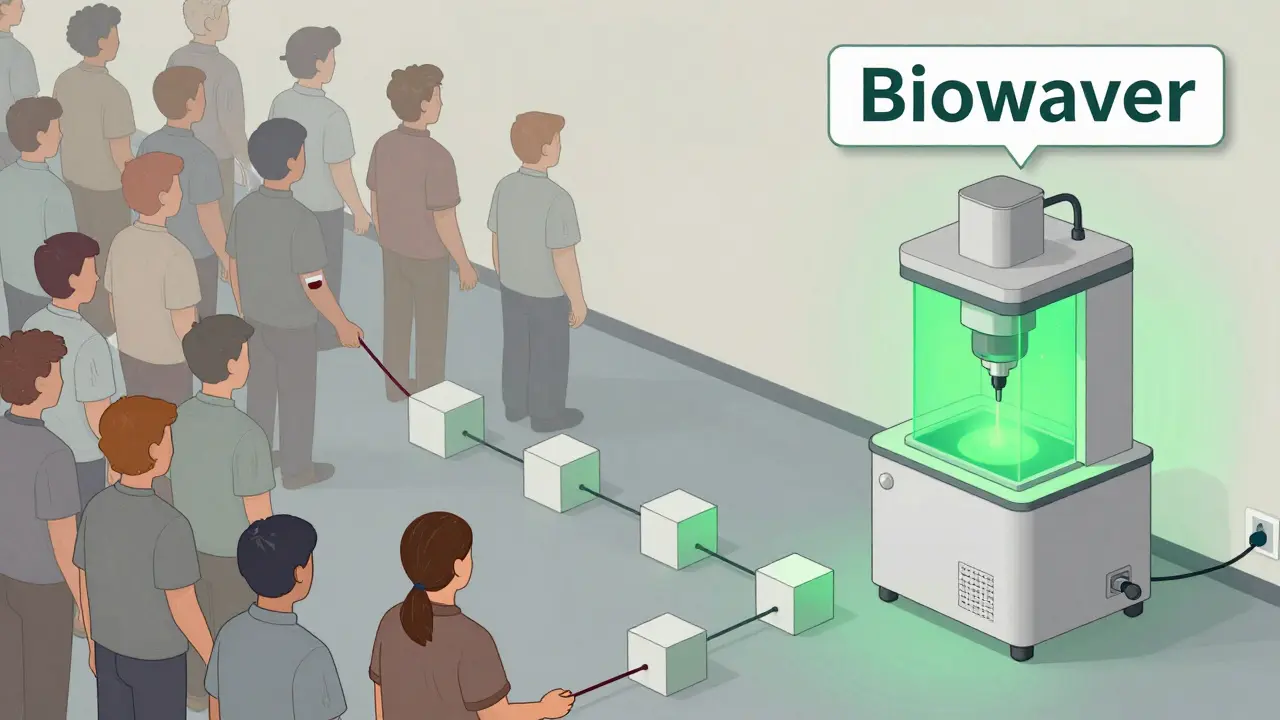 Faded clinical trials vs. glowing automated dissolution system, symbolizing biowaiver efficiency.