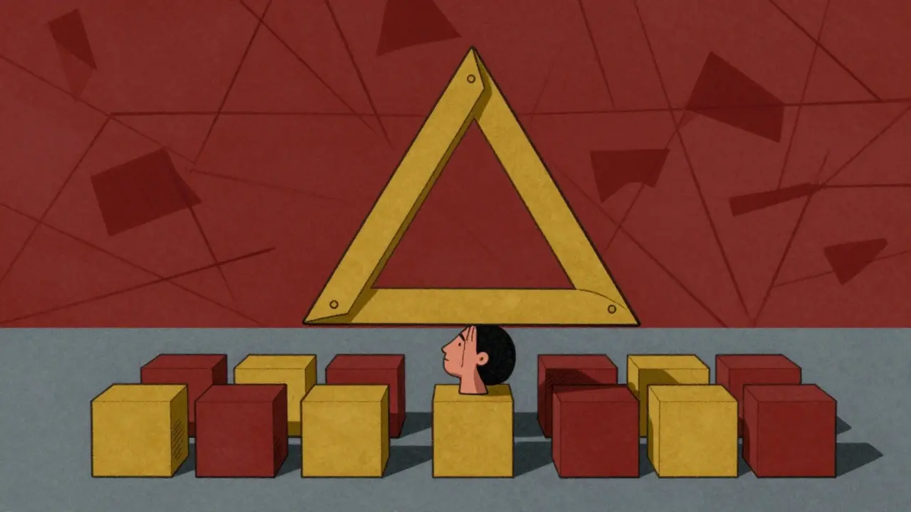 Figure finding balance supported by structural geometric shapes.