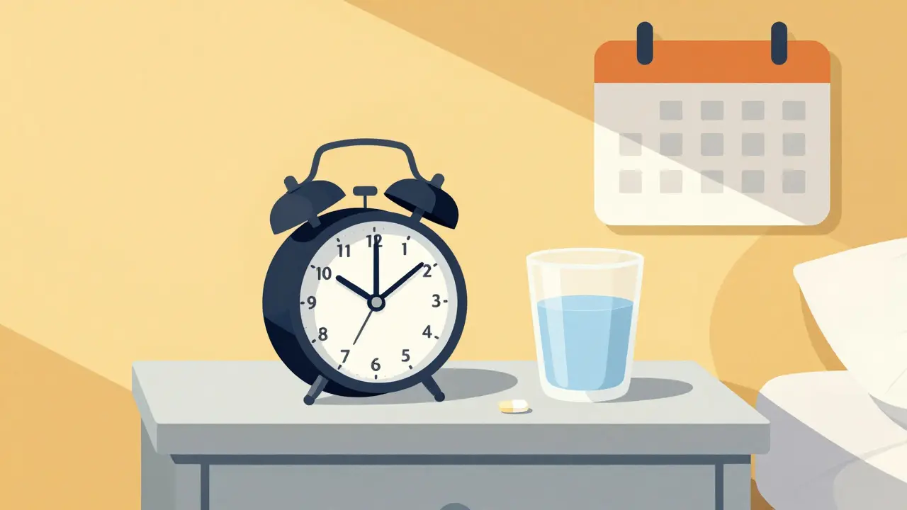 Geometric illustration of a morning routine with an alarm clock.