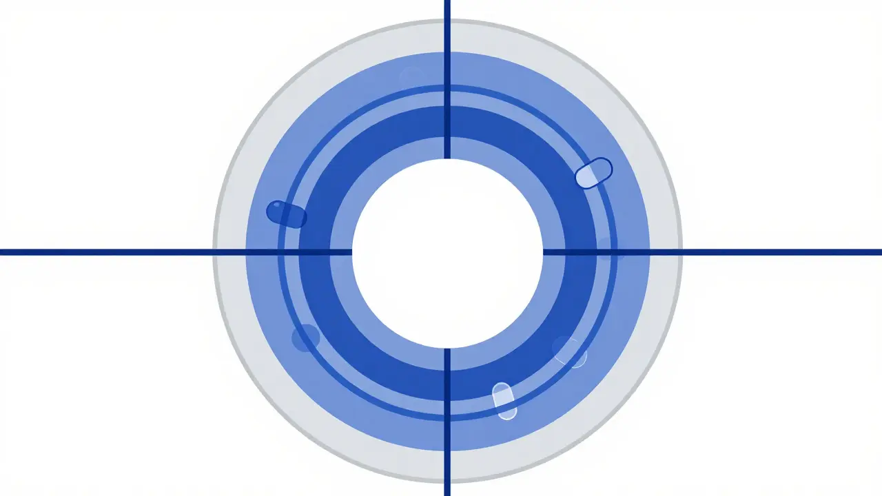Overlapping blue circles representing drug dosage safety intervals.