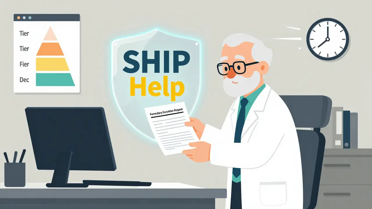 Pharmacist giving a form to a senior, with a glowing support shield in the background.