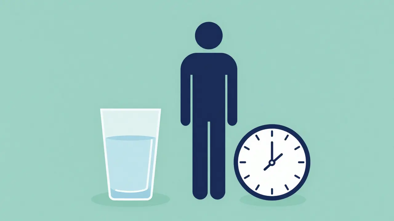Simplified figure standing with a glass of water and a clock.