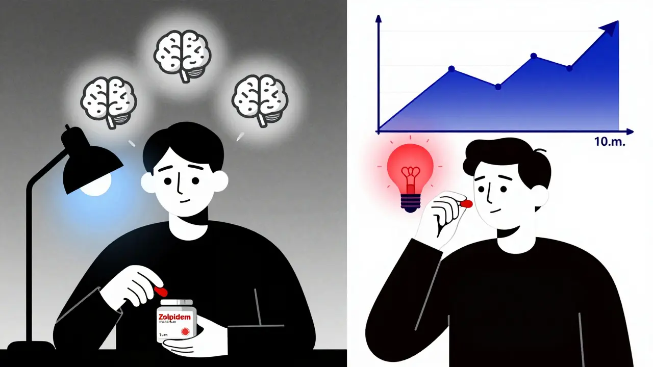 Split scene: one side shows nighttime pill use with fog, the other shows proper timing with a red light and sleep graph.
