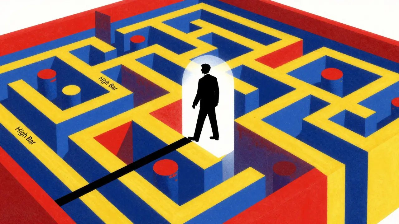 A minimalist Bauhaus illustration of a lawyer navigating a colorful geometric maze of legal rules.