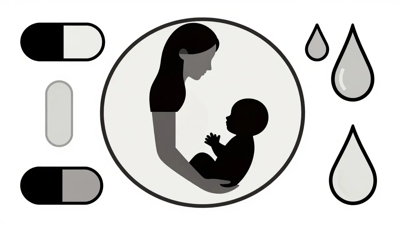 Abstract Bauhaus composition of two interlocking circles symbolizing the bond and safety of mother and baby.