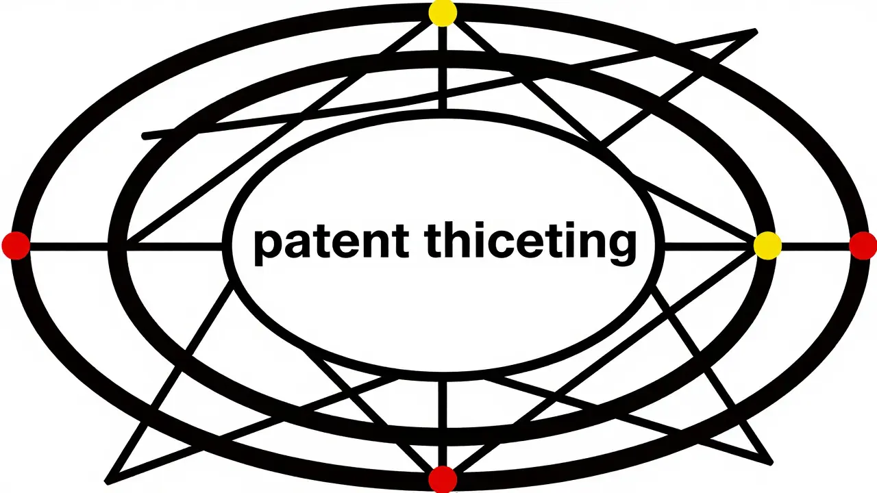 Abstract Bauhaus illustration of a drug patent cage using intersecting black lines and circles.