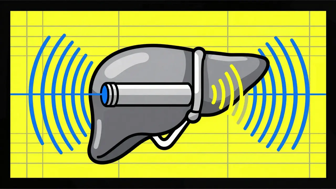 Abstract Bauhaus illustration of an ultrasound probe scanning a geometric liver.