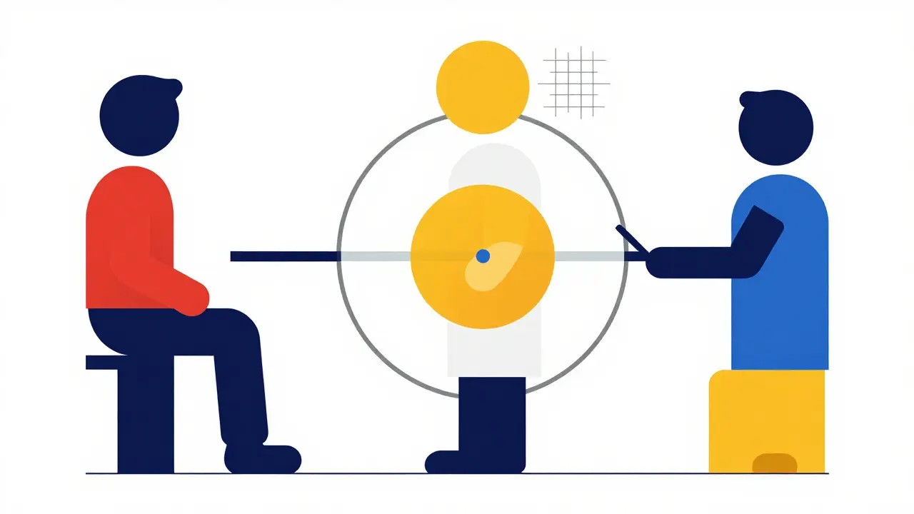 Bauhaus abstract representation of a patient and doctor collaborating on a mental health safety net.