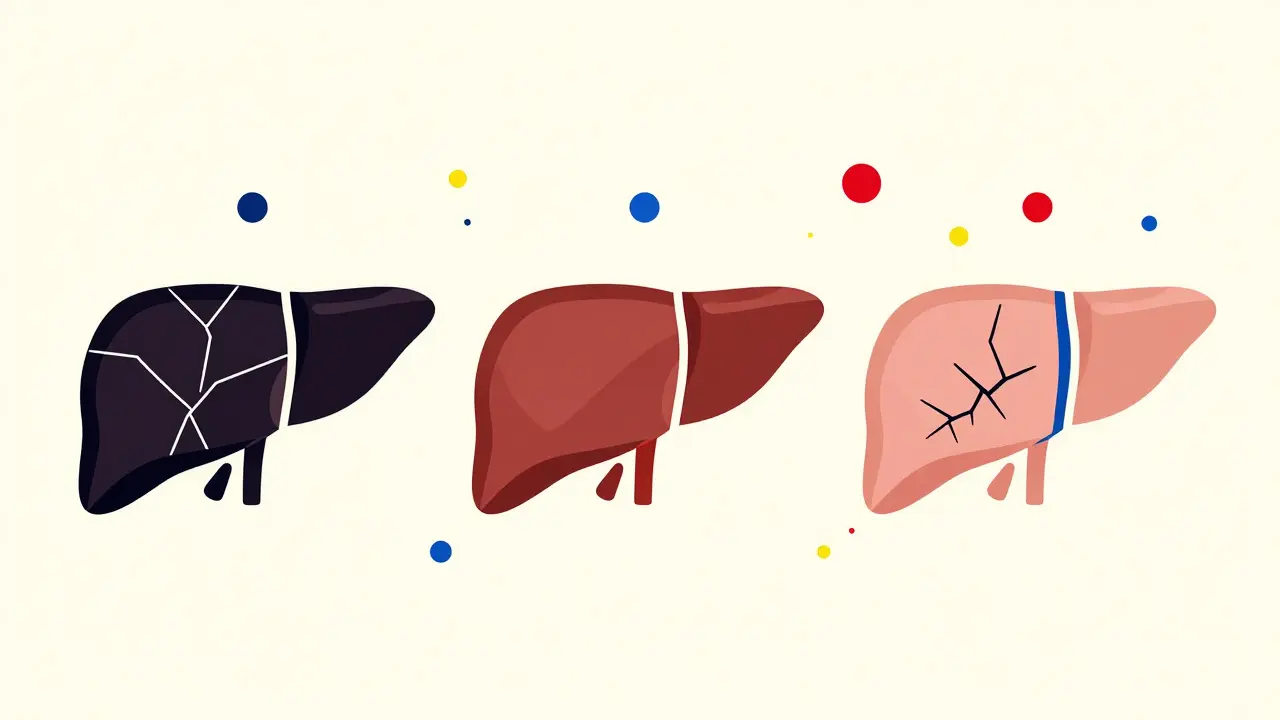 Bauhaus sequence showing a stylized liver healing and reducing its scarring over time.