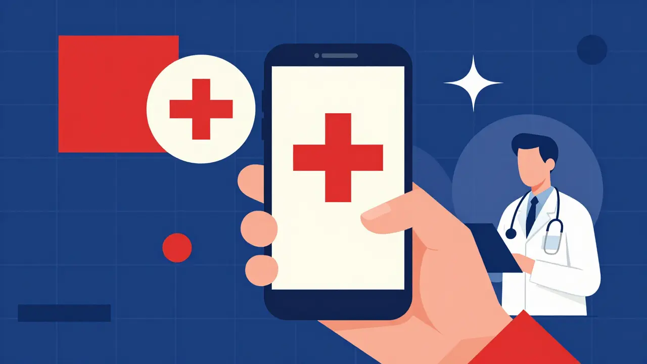 Bauhaus style depiction of a smartphone providing a telemedicine consultation