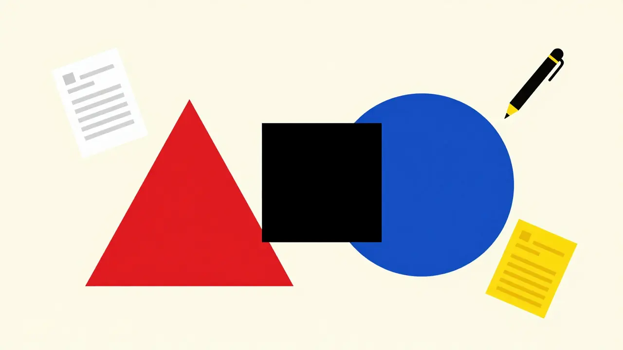 Bauhaus style graphic depicting different legal shapes merging into a single balanced square.