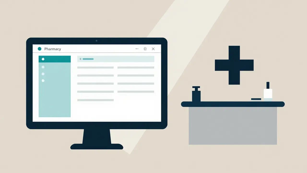 Bauhaus style graphic showing the contrast between a digital portal and a medical clinic.