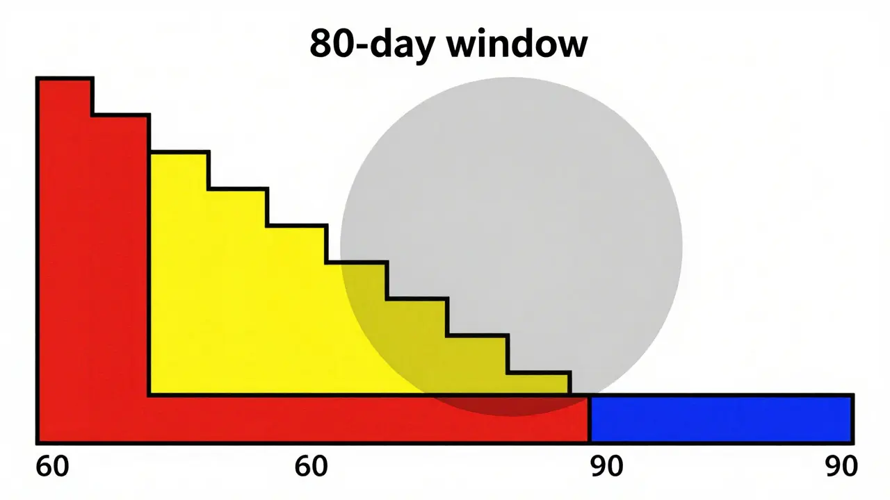 Bauhaus style timeline showing a highlighted risk window between 60 and 90 days.